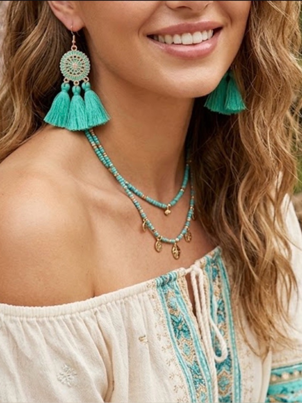 Gold-Tone Turquoise Tassel Drop Earrings - handmade